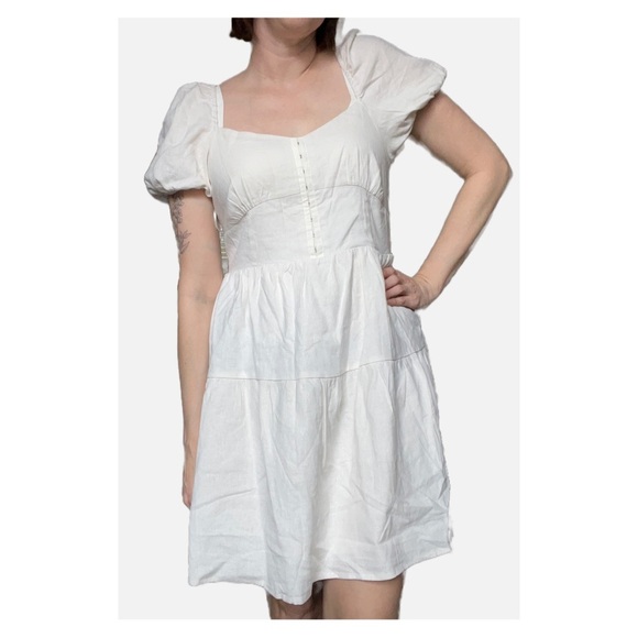 House of Harlow 1960 Boho Puff Sleeve Tiered Mini Dress Cream Medium - Picture 1 of 8